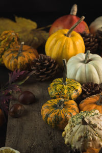 High angle view of pumpkins on table