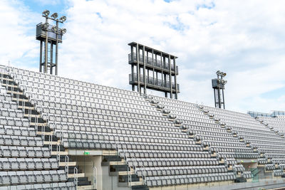 Empty tiered stadium bleachers