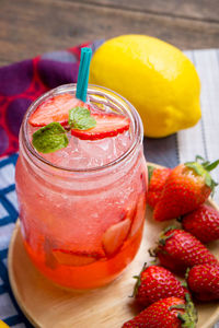 High angle view of drink on table