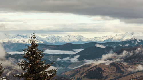 Scenic view of snowcapped mountains against sky