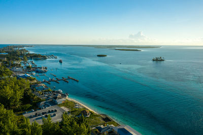 High angle view of bay against clear sky