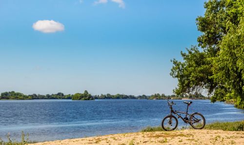 Bicycle by trees against blue sky