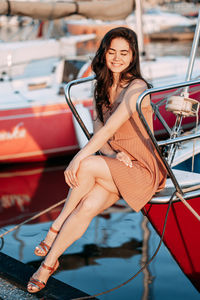 Young woman smiling in bus