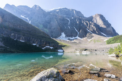 Scenic view of lake and mountains against sky