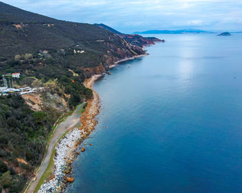 High angle view of bay against sky