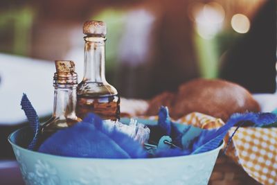 Cooking oils in bottles on table