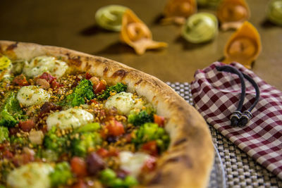 High angle view of pizza on table