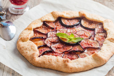 High angle view of pizza on table