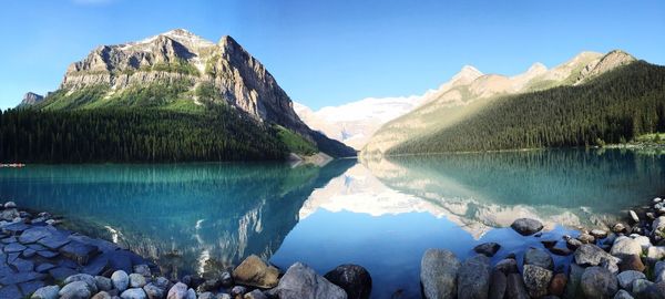 Scenic view of calm lake and mountains against sky