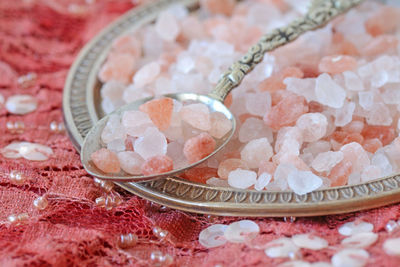 Close-up of himalayan salt in plate on table