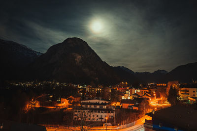 High angle view of townscape against sky at night