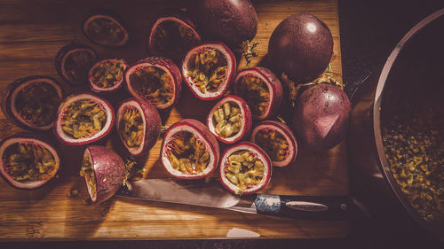 High angle view of fruits on table