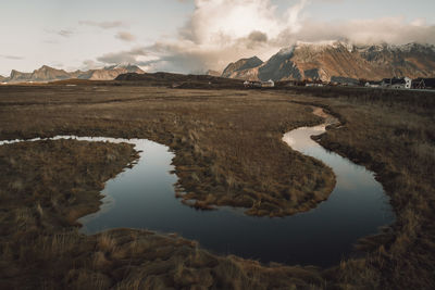 Meanders at the mouth of a river in the lofoten islands