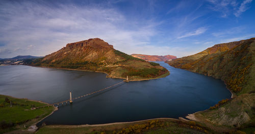 Scenic view of lake and mountains against sky