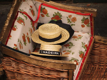 High angle view of hat on table at home