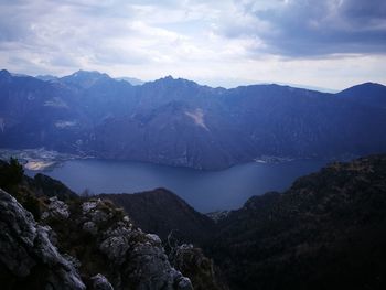 Scenic view of lake against cloudy sky