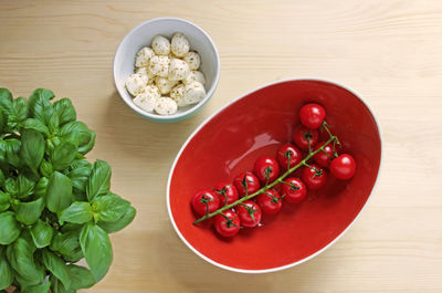 High angle view of fruits in bowl on table