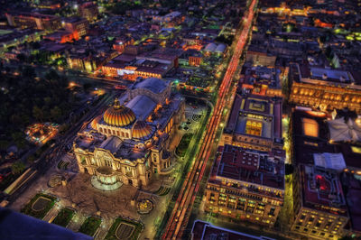 High angle view of city street at night