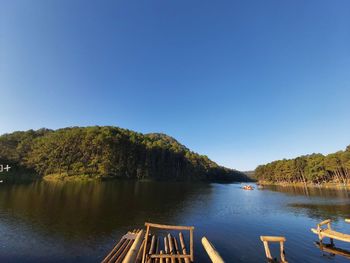 Scenic view of lake against clear blue sky