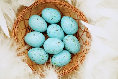 High angle view of eggs in basket