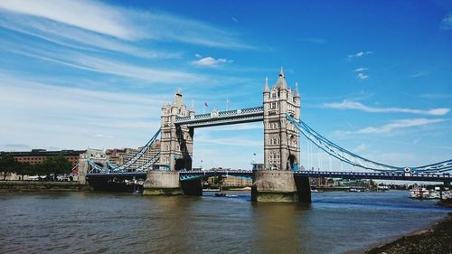 Bridge over river with city in background