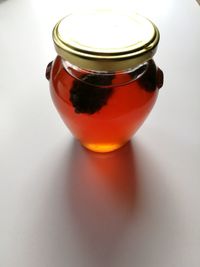 High angle view of drink in glass jar on table