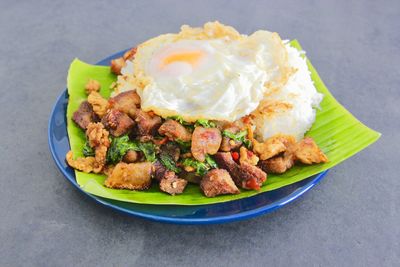 High angle view of food in plate on table