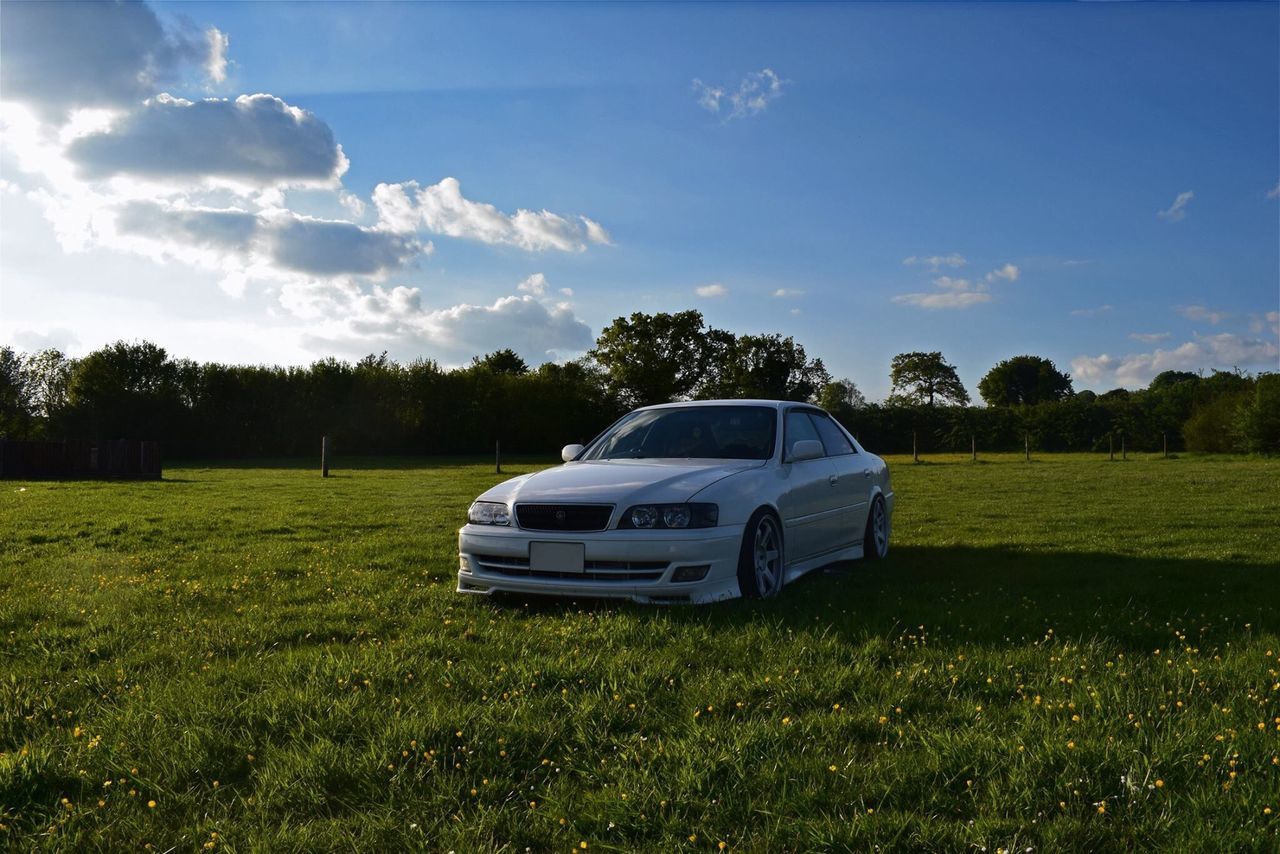 transportation, grass, mode of transport, tree, blue, growth, car, land vehicle, green color, plant, field, sky, grassy, outdoors, day, stationary, nature, tranquility, beauty in nature, solitude, non-urban scene, no people, tranquil scene, vehicle, remote