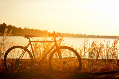 Bicycle on lakeshore at sunset