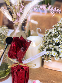 Close-up of christmas decoration on table