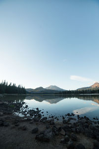 Scenic view of lake against clear blue sky