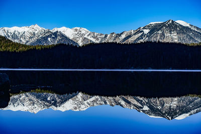 Scenic view of snowcapped mountains against clear blue sky