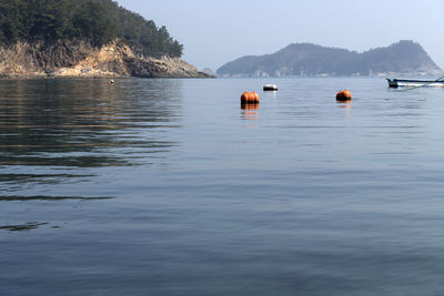 View of buoys in sea against clear sky during sunny day