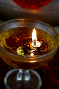 Close-up of lit tea light candles in temple