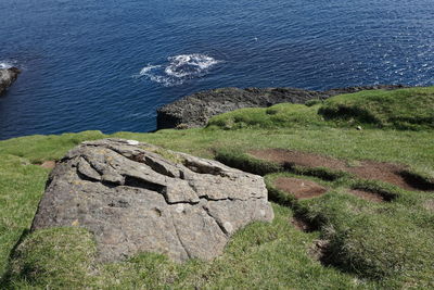 High angle view of sea by cliff