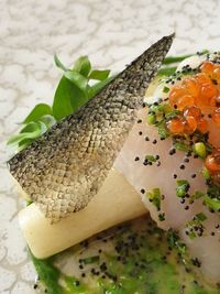 High angle view of fish served in plate