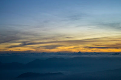 Scenic view of silhouette mountain against sky during sunset