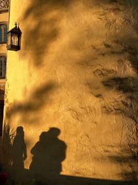 Shadow of silhouette people on street against sky during sunset