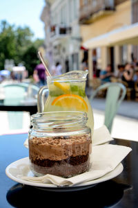 Close-up of dessert on table at cafe