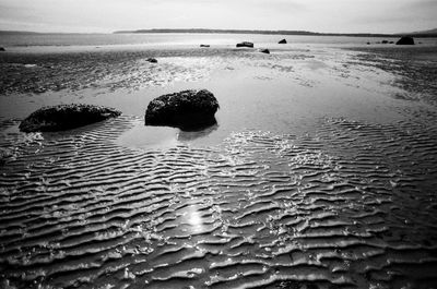 Surface level of wet sand on beach against sky