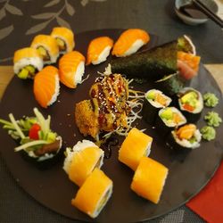 High angle view of sushi in plate on table