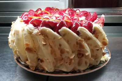 Close-up of cake in plate on table