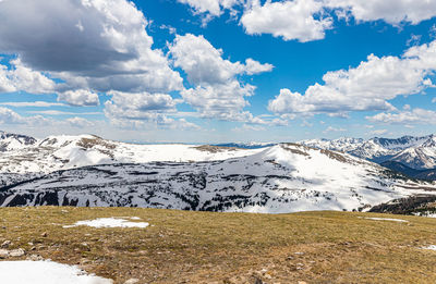 Scenic view of snowcapped mountains against sky