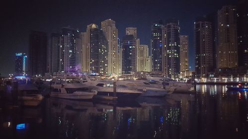View of city lit up at night