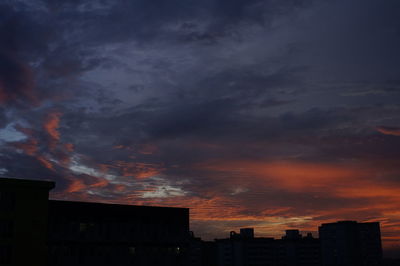 Low angle view of silhouette cityscape against sky during sunset