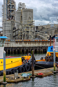 Man working on boat against sky