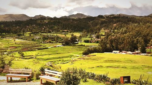 Scenic view of field against cloudy sky