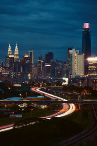 High angle view of illuminated city at night