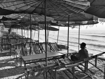 Rear view of man sitting on bench by sea