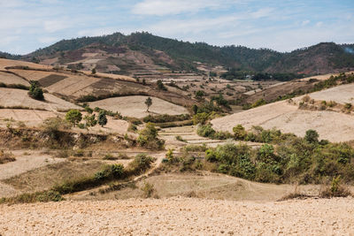 Scenic view of landscape while hiking in myanar.